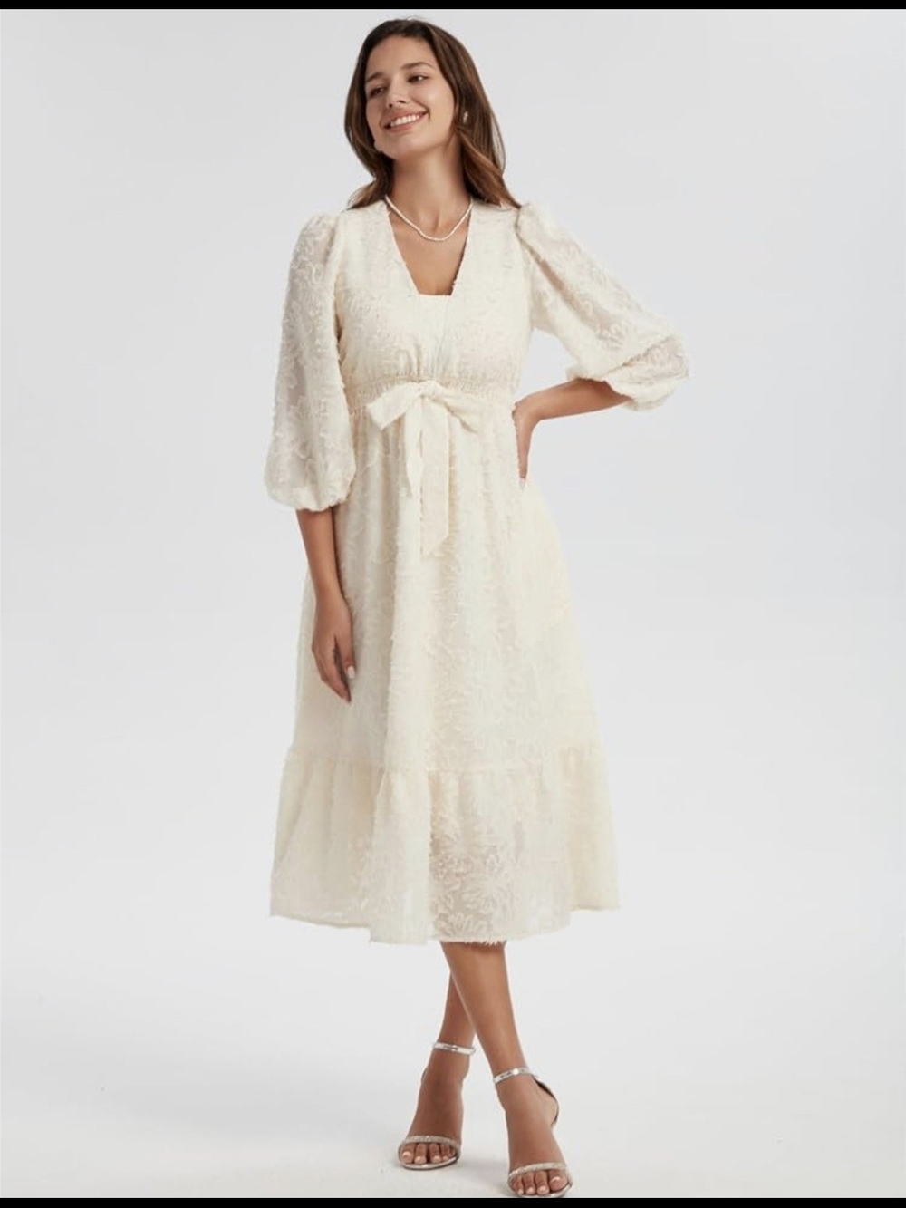 Ivory V-Neck Midi Dress with Tie Front Waist Large